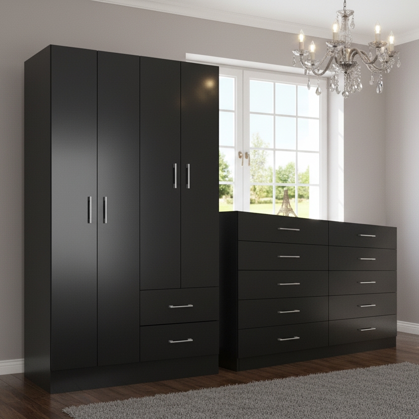 Guarda-Roupa 4 Portas Panamá 4002 + Cômoda 10 Gavetas Caribe Preto – FELLICCI