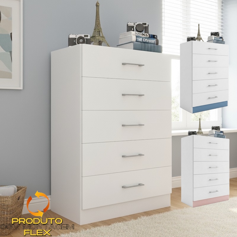 Comoda 5 Gavetas Aruba Branco/Rosa/Azul Flex – FELLICCI